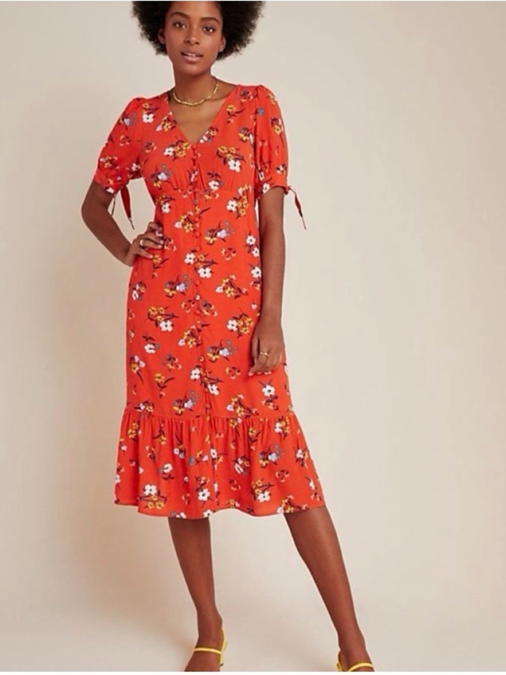Anthropologie Red/Orange Floral Tie-Sleeve Midi Dress